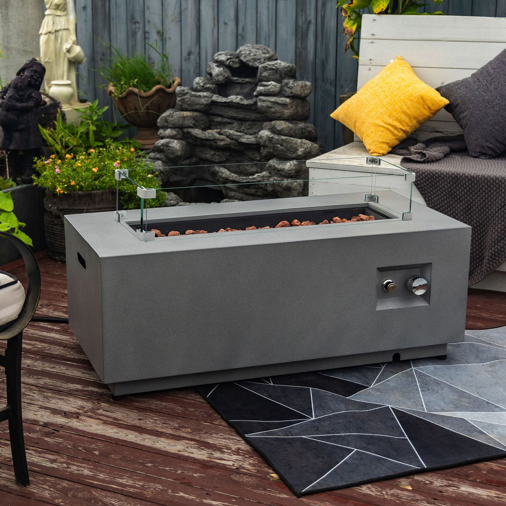 (Old SKU: W853P193937) 42" Propane Gas Fire Pit Table 2-Pieces, 50000 BTU Rectangular Steel Fire Pit with Glass Wind Guard for Outside Patio Deck Garden Courtyard -Gray