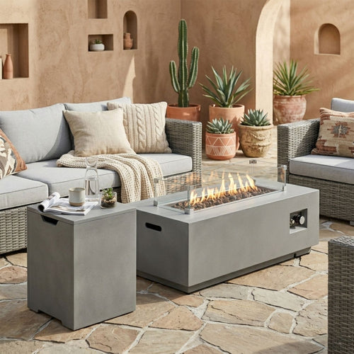 (Old SKU: W853P193937) 42" Propane Gas Fire Pit Table 2-Pieces, 50000 BTU Rectangular Steel Fire Pit with Glass Wind Guard for Outside Patio Deck Garden Courtyard -Gray