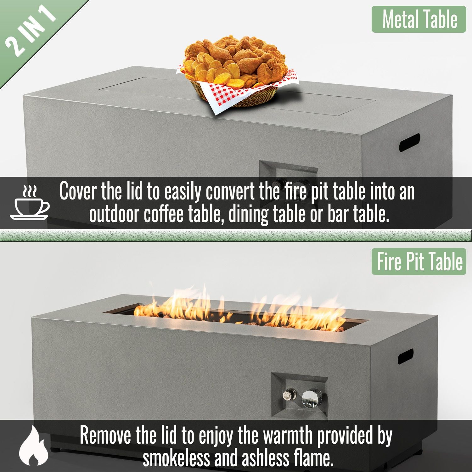 (Old SKU: W853P193937) 42" Propane Gas Fire Pit Table 2-Pieces, 50000 BTU Rectangular Steel Fire Pit with Glass Wind Guard for Outside Patio Deck Garden Courtyard -Gray