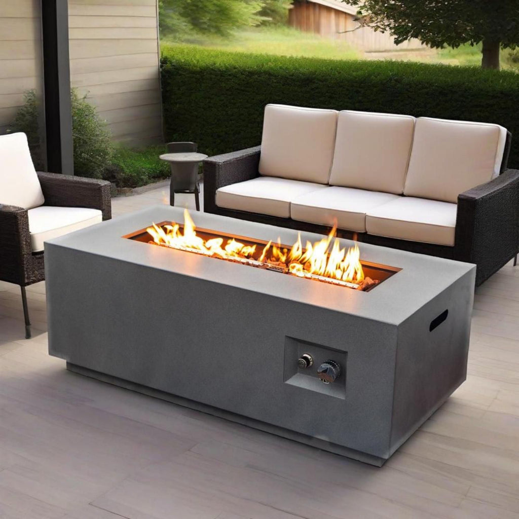 (Old SKU: W853P193937) 42" Propane Gas Fire Pit Table 2-Pieces, 50000 BTU Rectangular Steel Fire Pit with Glass Wind Guard for Outside Patio Deck Garden Courtyard -Gray