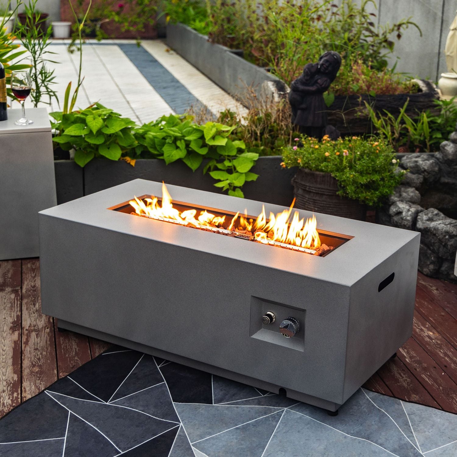 (Old SKU: W853P193937) 42" Propane Gas Fire Pit Table 2-Pieces, 50000 BTU Rectangular Steel Fire Pit with Glass Wind Guard for Outside Patio Deck Garden Courtyard -Gray
