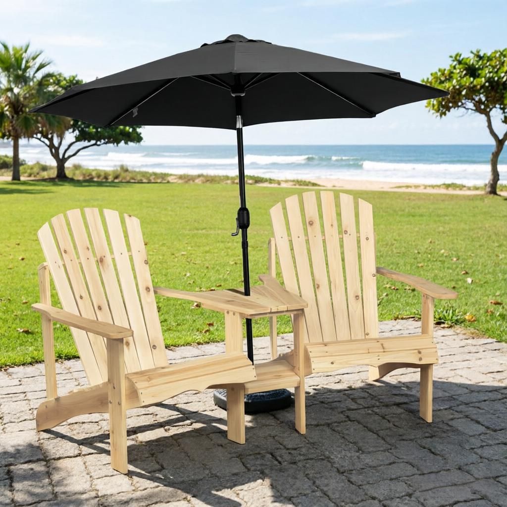 Natural Wood Fire Pit Seating for 2 with Wooden Chairs Outdoor Table And Umbrella Hole Wood 2 Person Bench for Garden