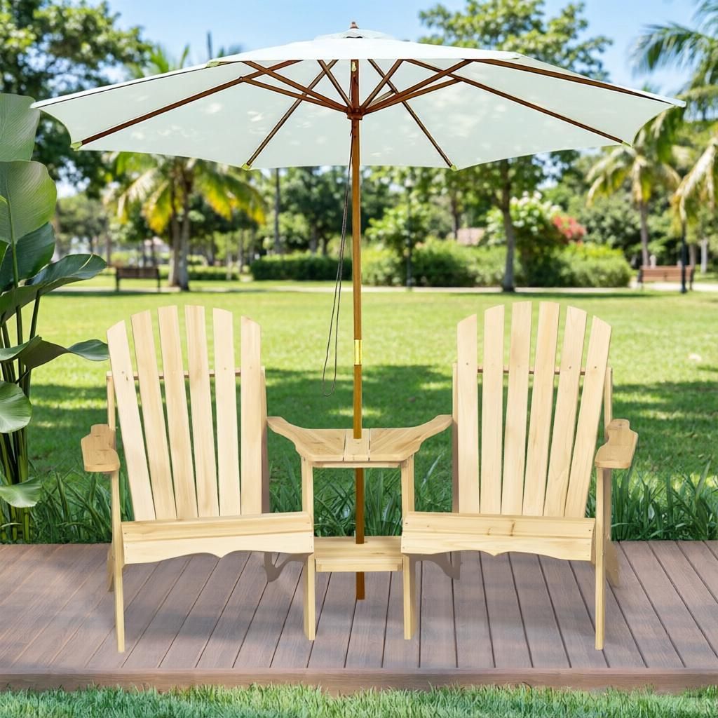 Natural Wood Fire Pit Seating for 2 with Wooden Chairs Outdoor Table And Umbrella Hole Wood 2 Person Bench for Garden