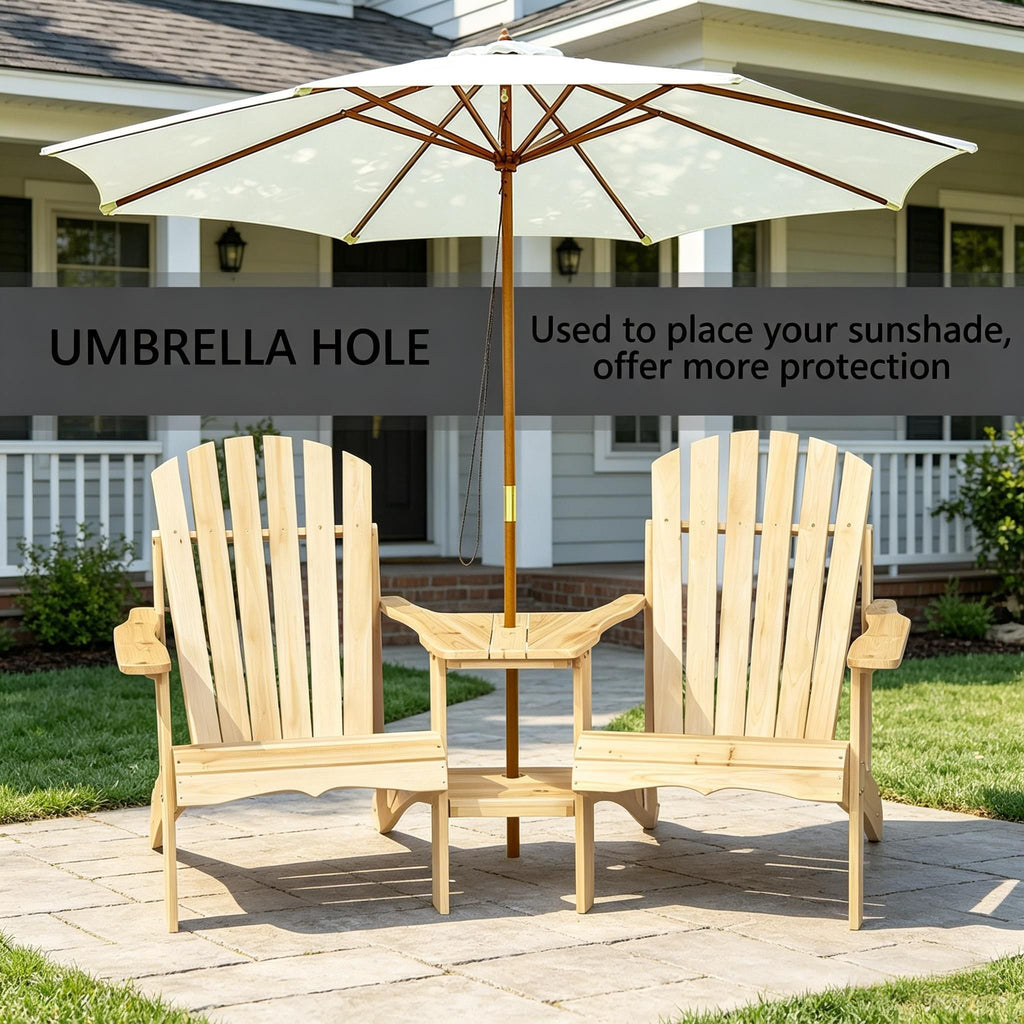 Natural Wood Fire Pit Seating for 2 with Wooden Chairs Outdoor Table And Umbrella Hole Wood 2 Person Bench for Garden