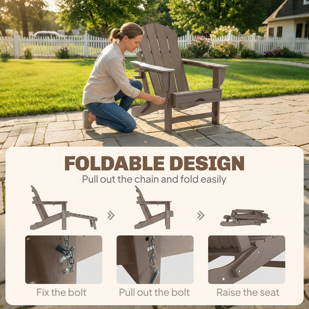 Folding Adirondack Chair Set of 2, HDPE Fire Pit Chair with Retractable Ottoman and Cup Holder, Brown