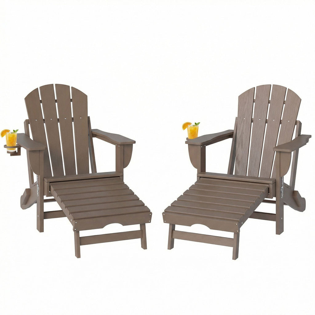 Folding Adirondack Chair Set of 2, HDPE Fire Pit Chair with Retractable Ottoman and Cup Holder, Brown