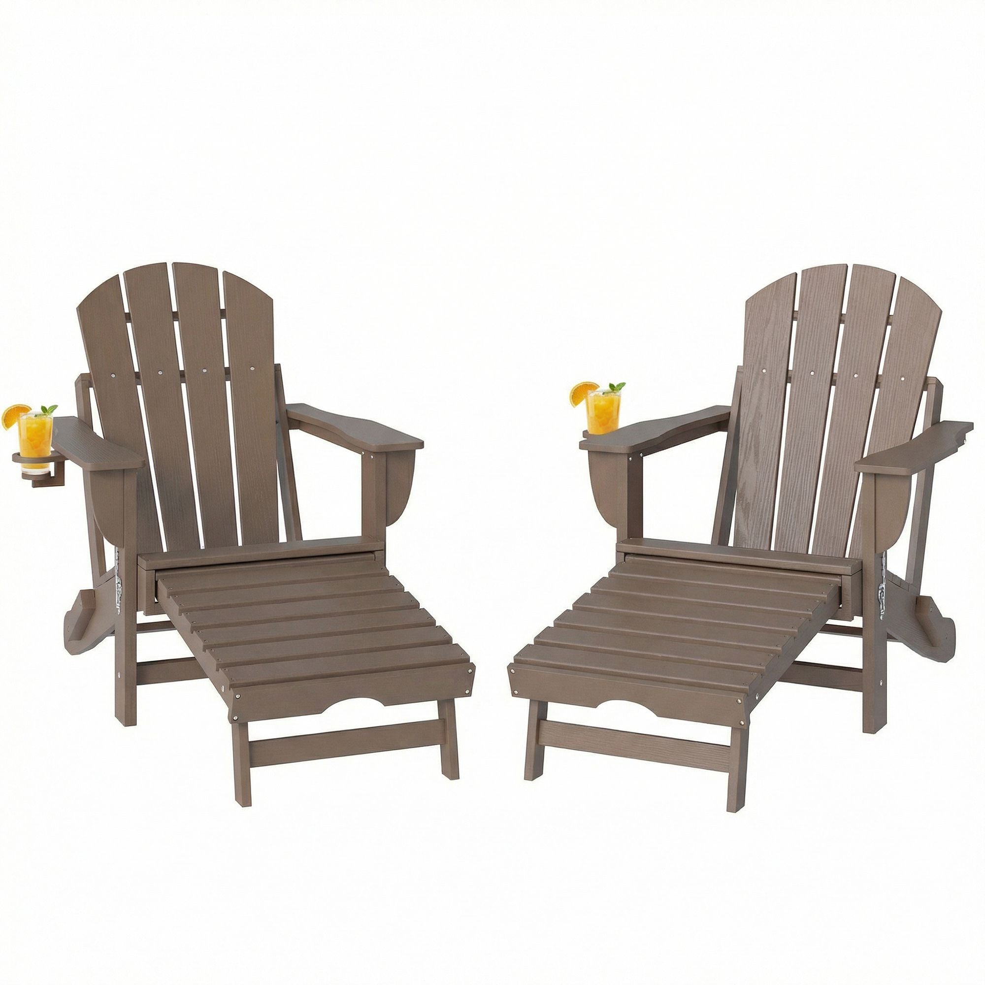Folding Adirondack Chair Set of 2, HDPE Fire Pit Chair with Retractable Ottoman and Cup Holder, Brown