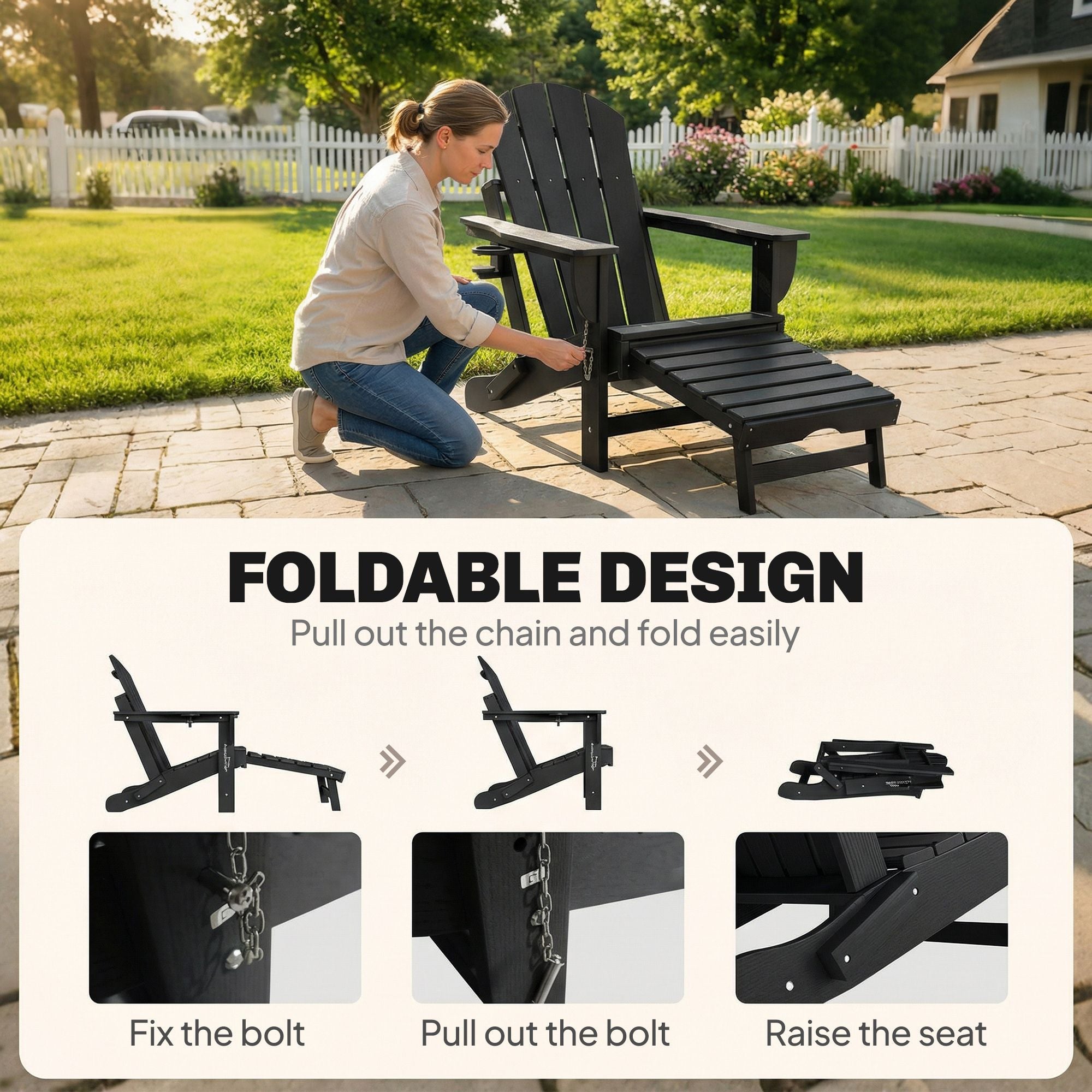 Folding Adirondack Chair Set of 2, HDPE Fire Pit Chair with Retractable Ottoman and Cup Holder, Black