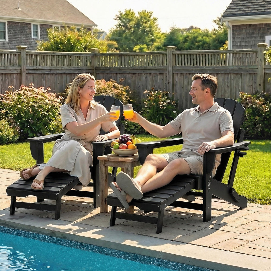 Folding Adirondack Chair Set of 2, HDPE Fire Pit Chair with Retractable Ottoman and Cup Holder, Black