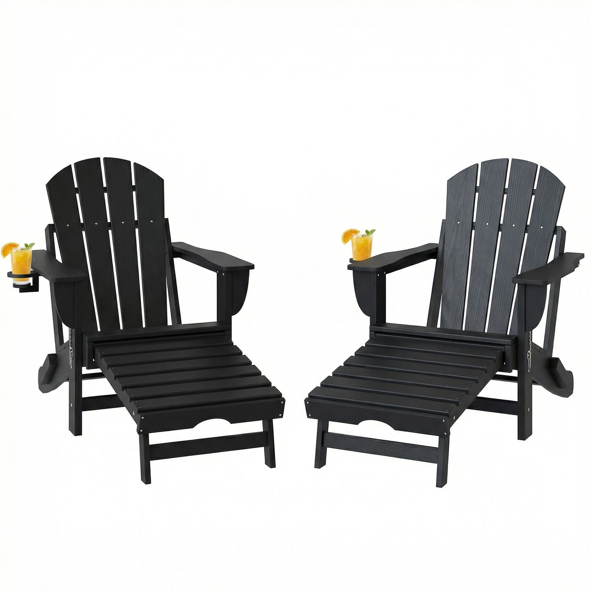 Folding Adirondack Chair Set of 2, HDPE Fire Pit Chair with Retractable Ottoman and Cup Holder, Black