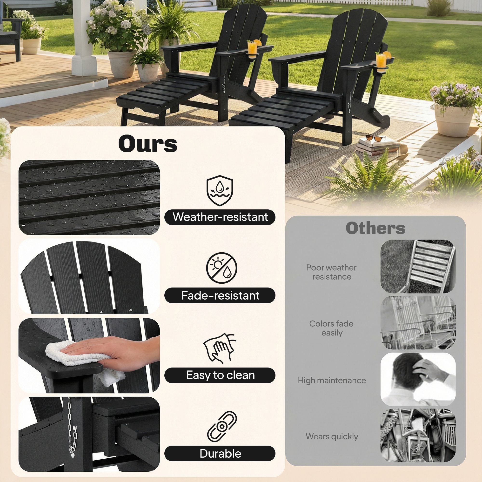 Folding Adirondack Chair Set of 2, HDPE Fire Pit Chair with Retractable Ottoman and Cup Holder, Black