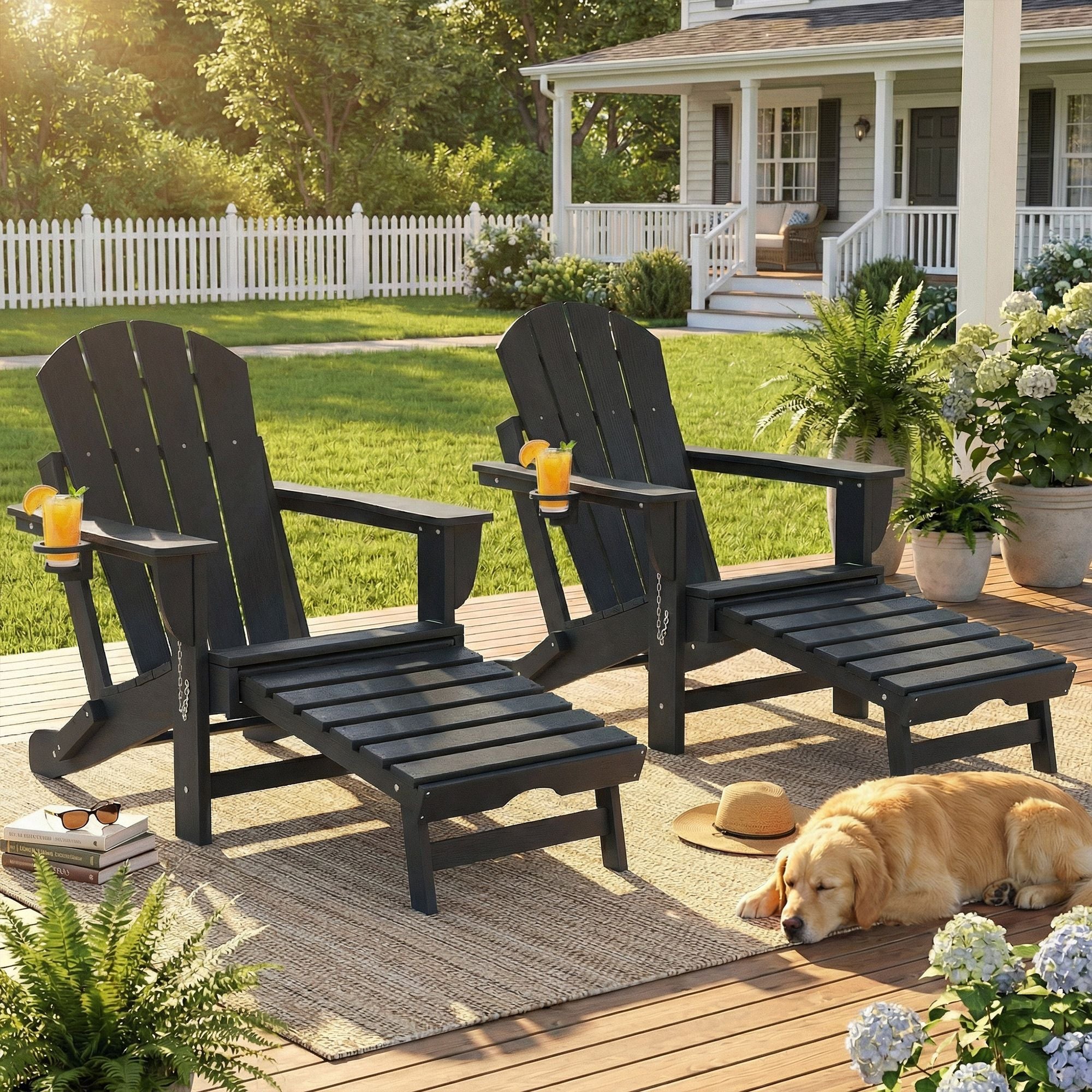 Folding Adirondack Chair Set of 2, HDPE Fire Pit Chair with Retractable Ottoman and Cup Holder, Black