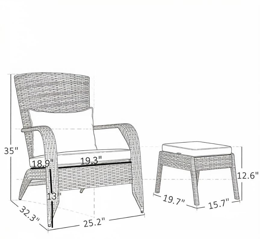 Gray  Chair with Ottoman And Cushions Outdoor Fire Pit Chair for Relaxation And Comfort
