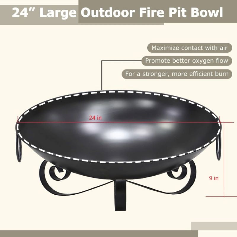 24 Inch Fire Pit Bowl with Handles Outdoor Wood-Burning Firepit