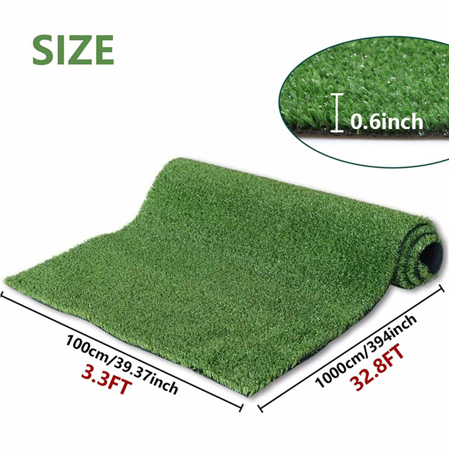 3ft x 32ft Artificial Grass Turf with Drainage Holes, 0.6" Thick Low Pile Fake Lawn Mat with Rubber Backing - Budget-Friendly Indoor Outdoor Pet Grass for Patio, Balcony, Yard, and Garden Decor