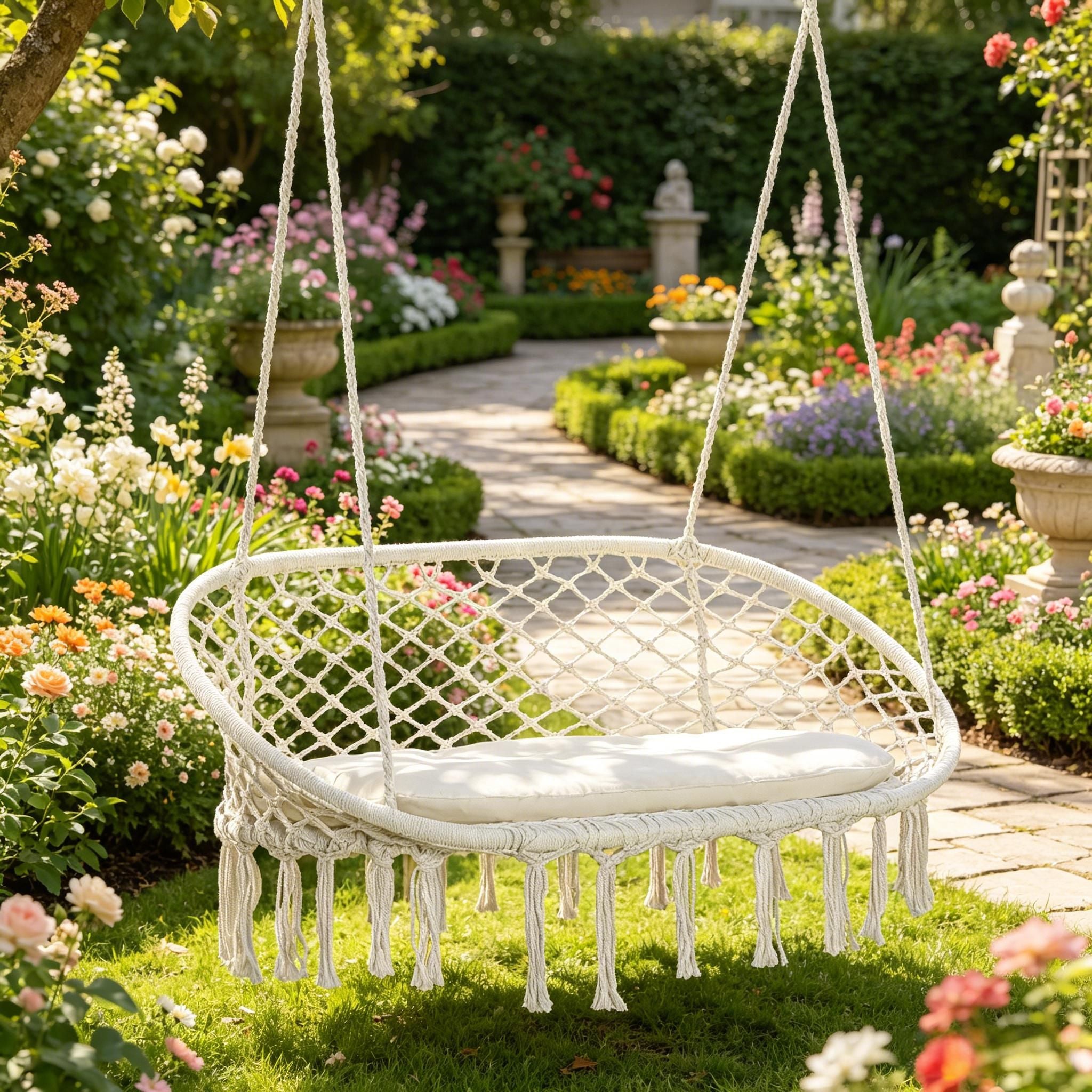White 2-Person Hammock Chair Macrame Swing with Soft Cushion Hanging Cotton Rope Chair for Indoor Outdoor Home Patio Backyard
