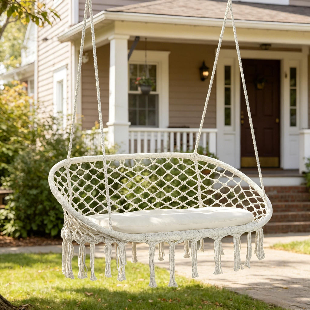 White 2-Person Hammock Chair Macrame Swing with Soft Cushion Hanging Cotton Rope Chair for Indoor Outdoor Home Patio Backyard