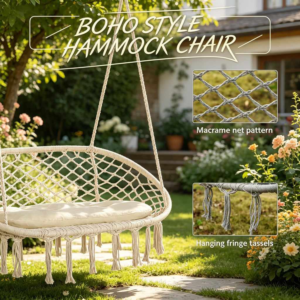 White 2-Person Hammock Chair Macrame Swing with Soft Cushion Hanging Cotton Rope Chair for Indoor Outdoor Home Patio Backyard