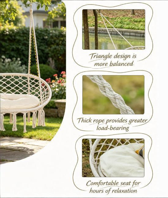 White 2-Person Hammock Chair Macrame Swing with Soft Cushion Hanging Cotton Rope Chair for Indoor Outdoor Home Patio Backyard