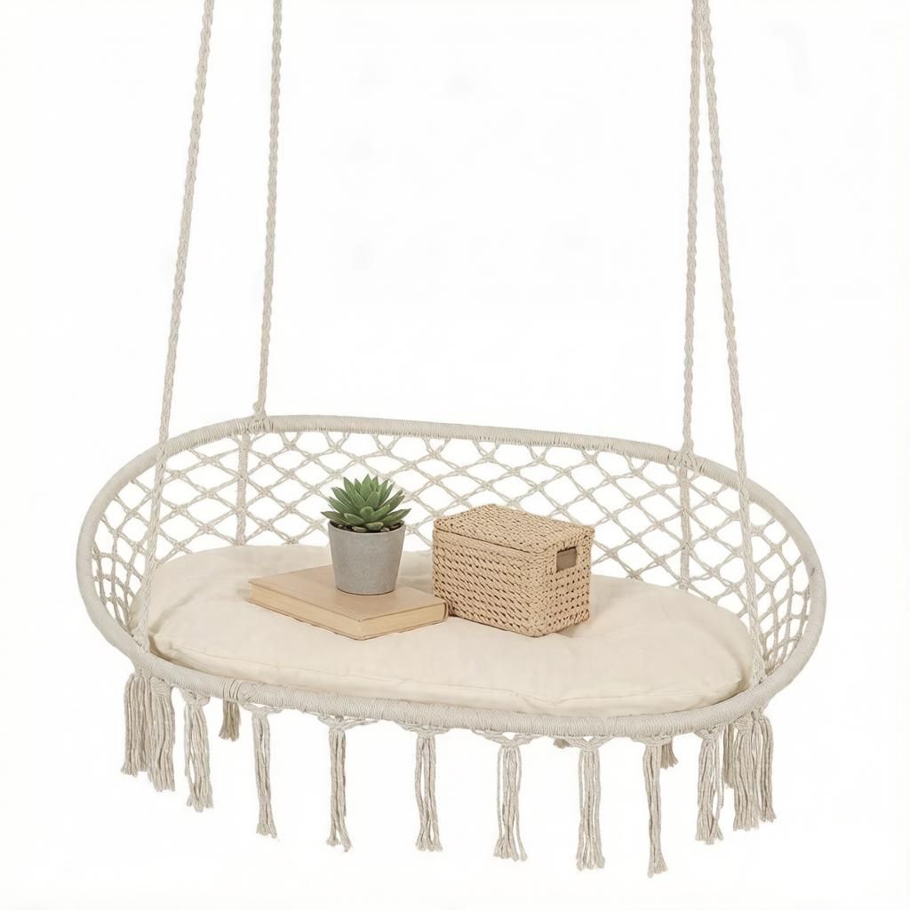 White 2-Person Hammock Chair Macrame Swing with Soft Cushion Hanging Cotton Rope Chair for Indoor Outdoor Home Patio Backyard