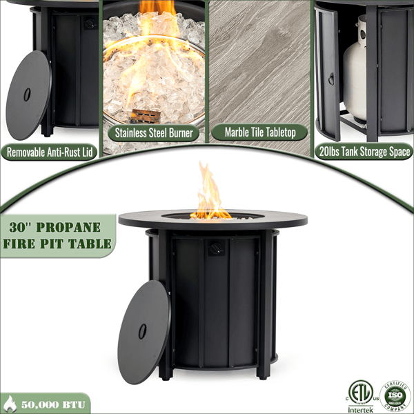 30" Propane Gas Fire Pit Table, 50000 BTU Round Steel Fire Pit with Wood Grain Ceramic Tabletop for Outside Patio Deck Garden Backyard- Black
