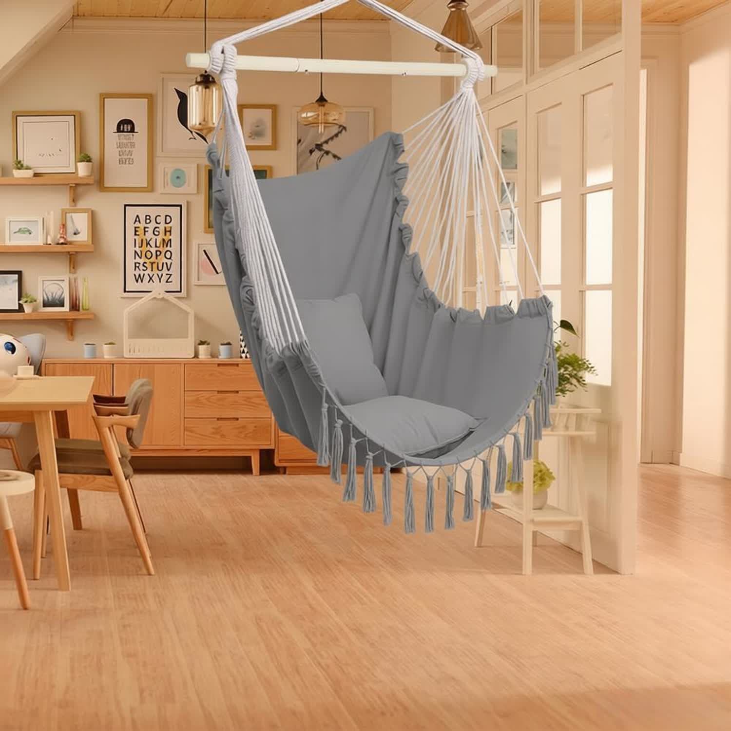 Pillow Tassel Hanging Chair Light Gray