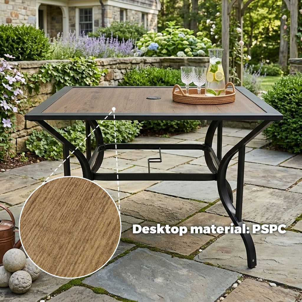 Square Dining Table 5-Piece Set with one square table and four matching brown dining chairs, stable frame, classic warm tone, ideal for indoor and outdoor family dining and gatherings.