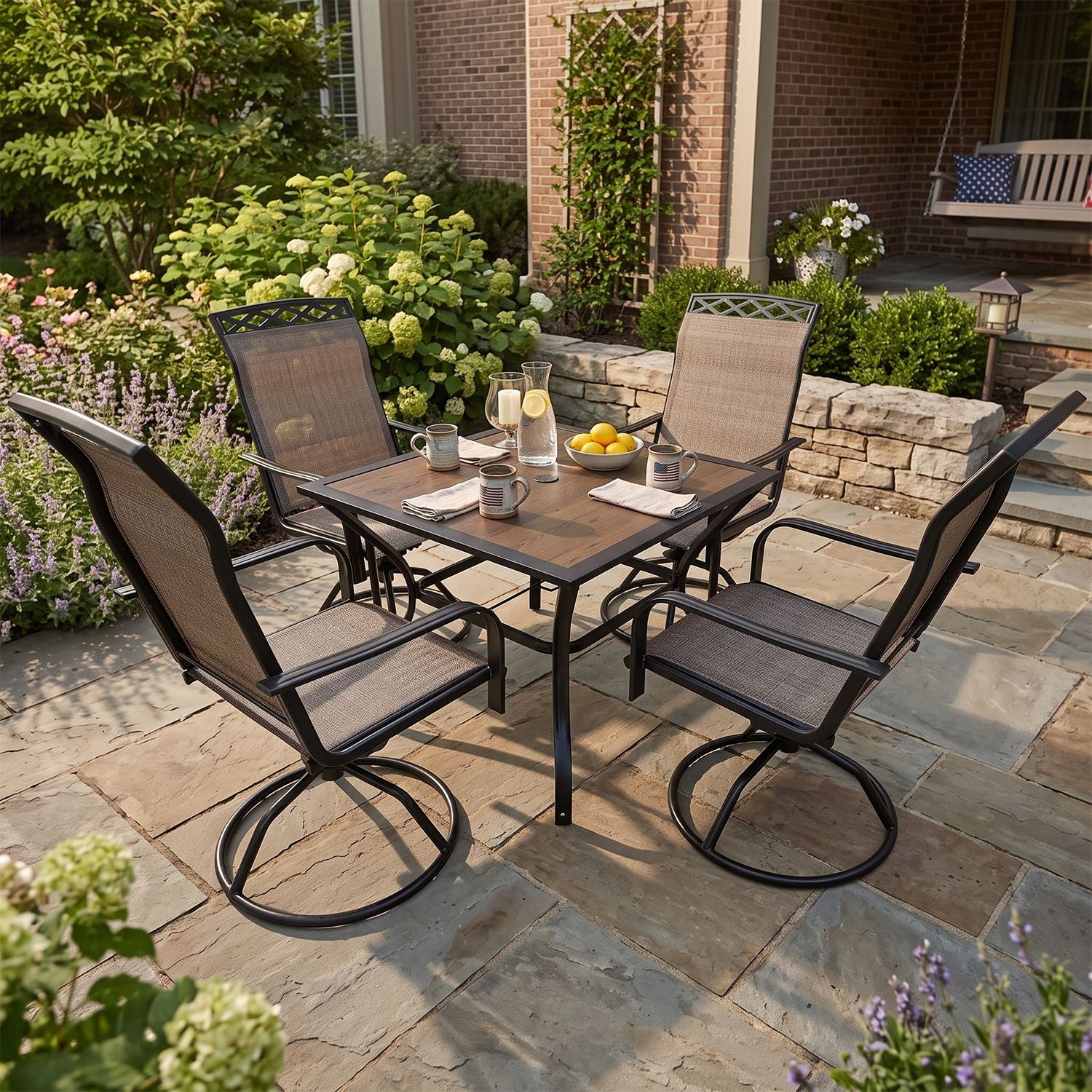 Square Dining Table 5-Piece Set with one square table and four matching brown dining chairs, stable frame, classic warm tone, ideal for indoor and outdoor family dining and gatherings.