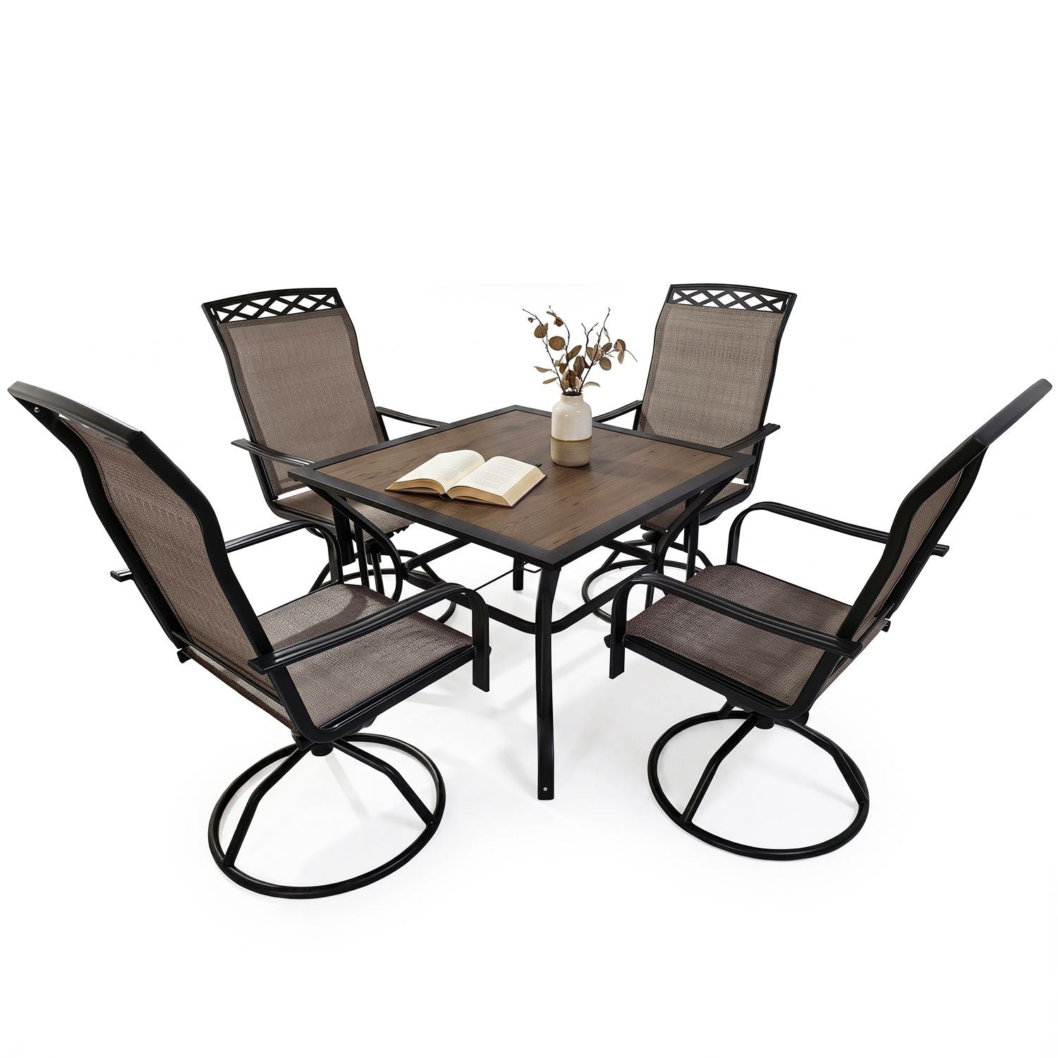 Square Dining Table 5-Piece Set with one square table and four matching brown dining chairs, stable frame, classic warm tone, ideal for indoor and outdoor family dining and gatherings.