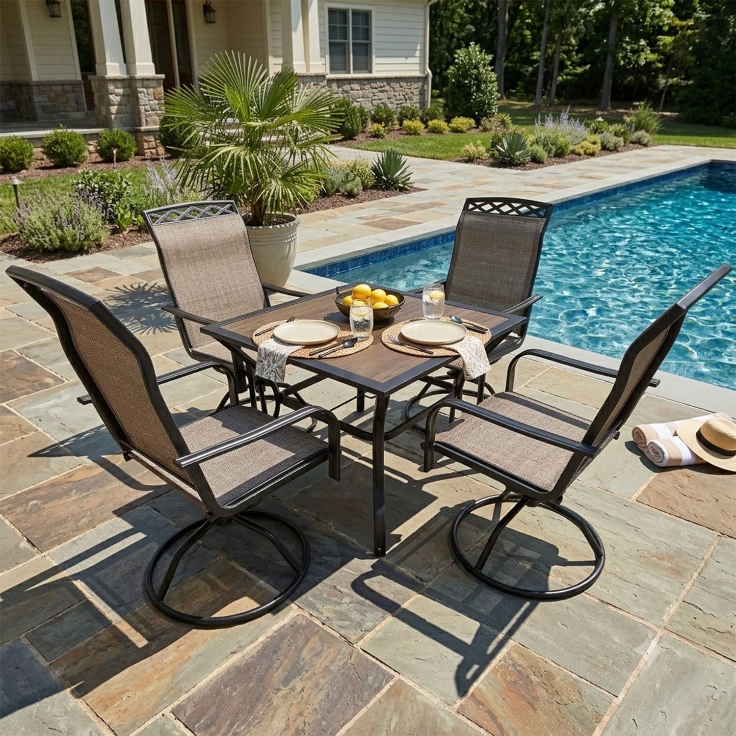Square Dining Table 5-Piece Set with one square table and four matching brown dining chairs, stable frame, classic warm tone, ideal for indoor and outdoor family dining and gatherings.