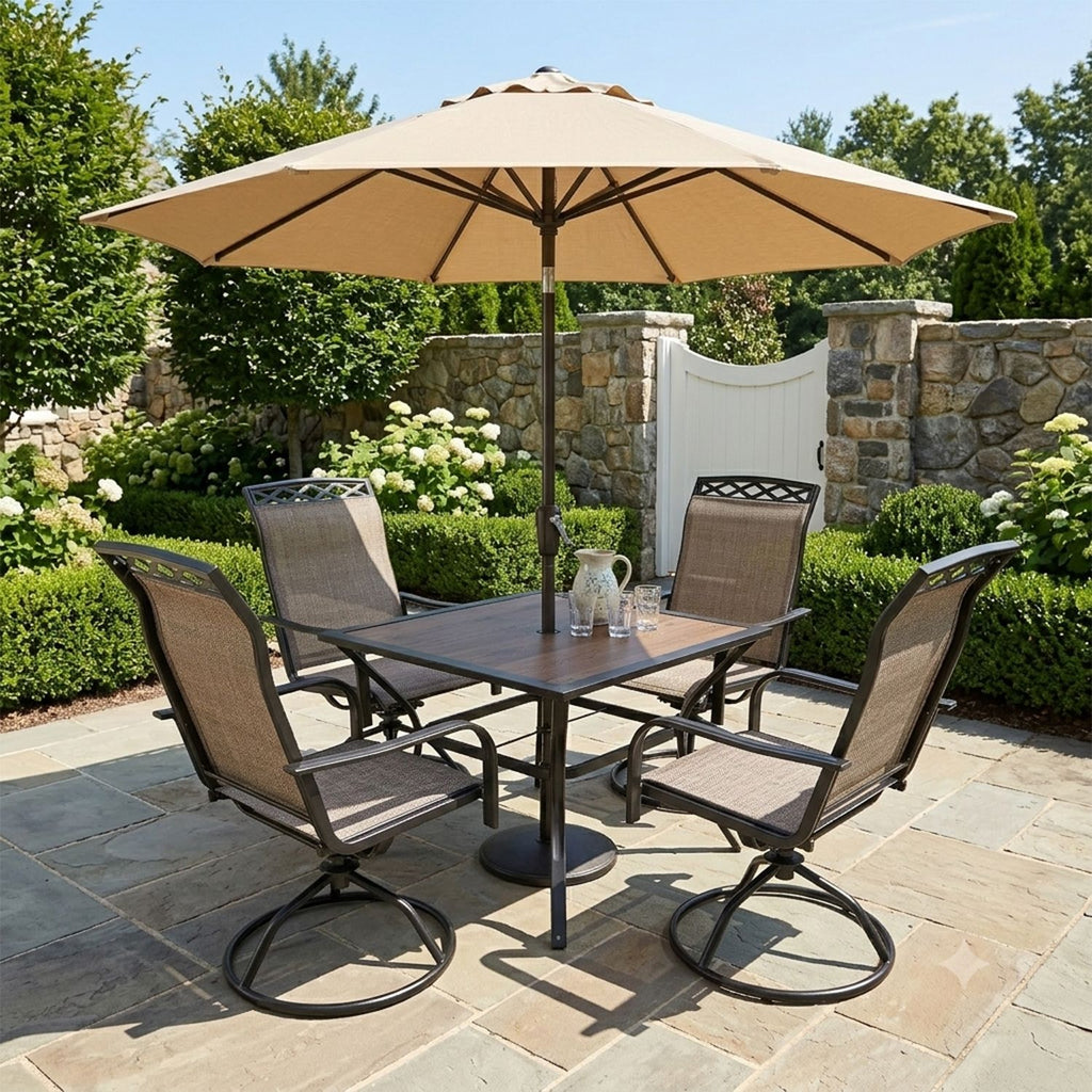 Square Dining Table 5-Piece Set with one square table and four matching brown dining chairs, stable frame, classic warm tone, ideal for indoor and outdoor family dining and gatherings.