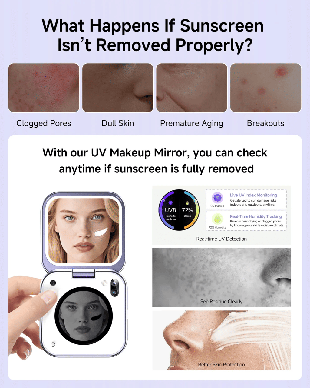 Aura Mirror Plus – Smart AI Beauty Mirror (UV Detection, Smart Skin Assistant, Multiple Lighting Modes, Ultra Slim, Environment Monitoring)