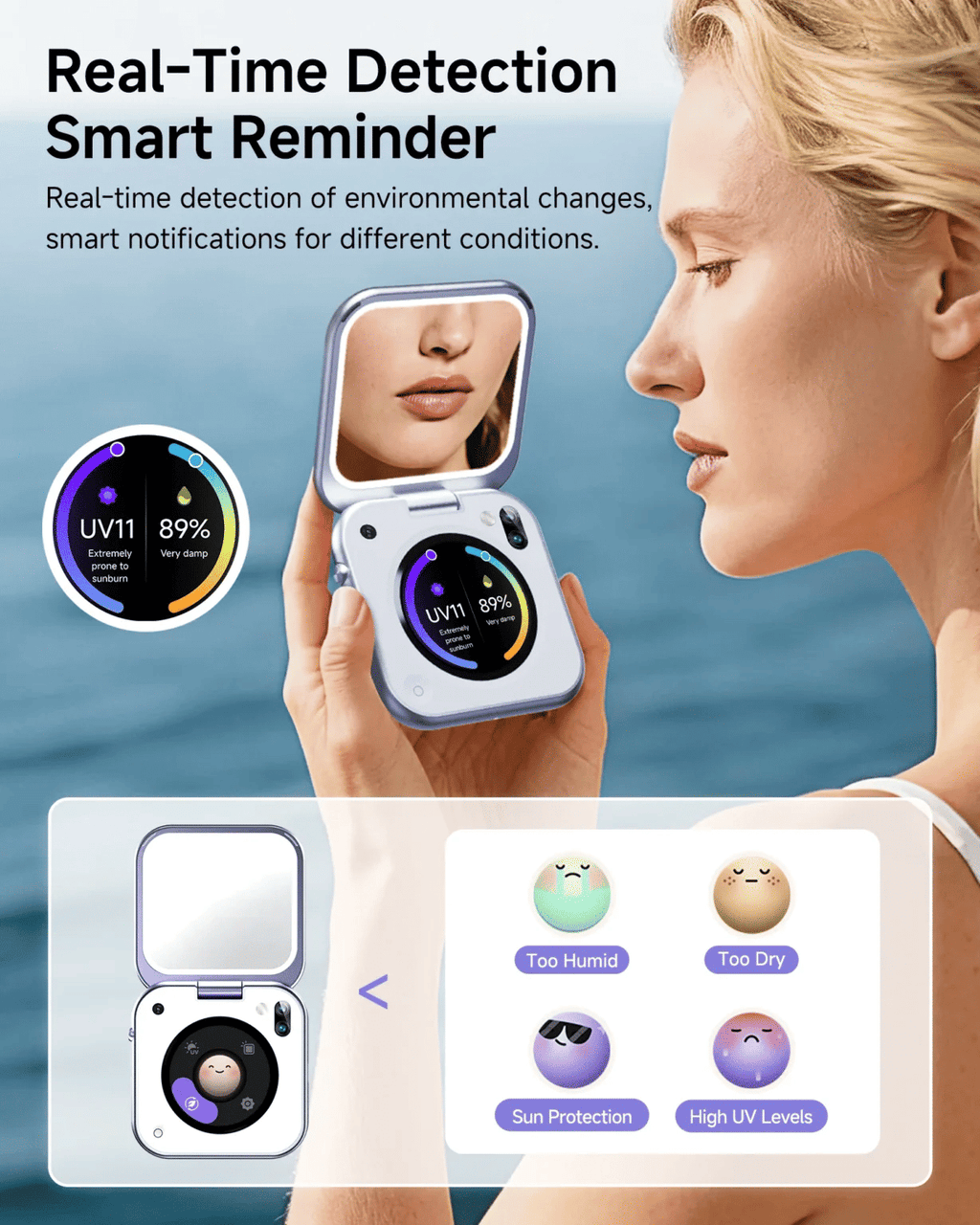 Aura Mirror Plus – Smart AI Beauty Mirror (UV Detection, Smart Skin Assistant, Multiple Lighting Modes, Ultra Slim, Environment Monitoring)