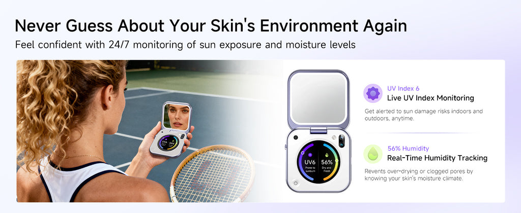 Aura Mirror Plus – Smart AI Beauty Mirror (UV Detection, Smart Skin Assistant, Multiple Lighting Modes, Ultra Slim, Environment Monitoring)