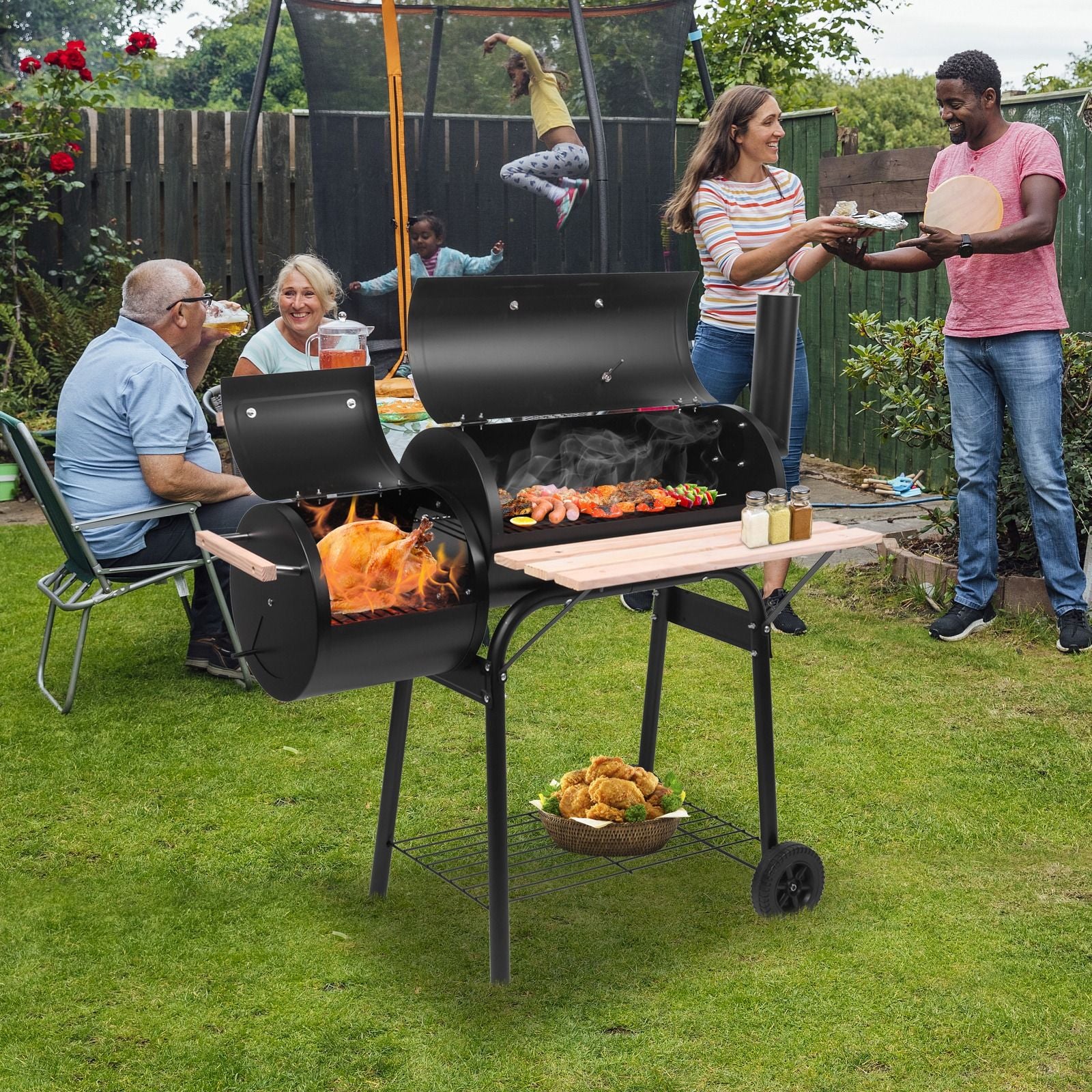44*25*44in Heavy Duty Offset Smoker Grill, Charcoal BBQ Smoker with Side Firebox, Built-in Thermometer, Adjustable Damper, Front Wood Shelf and Wheels for Backyard Outdoor Cooking