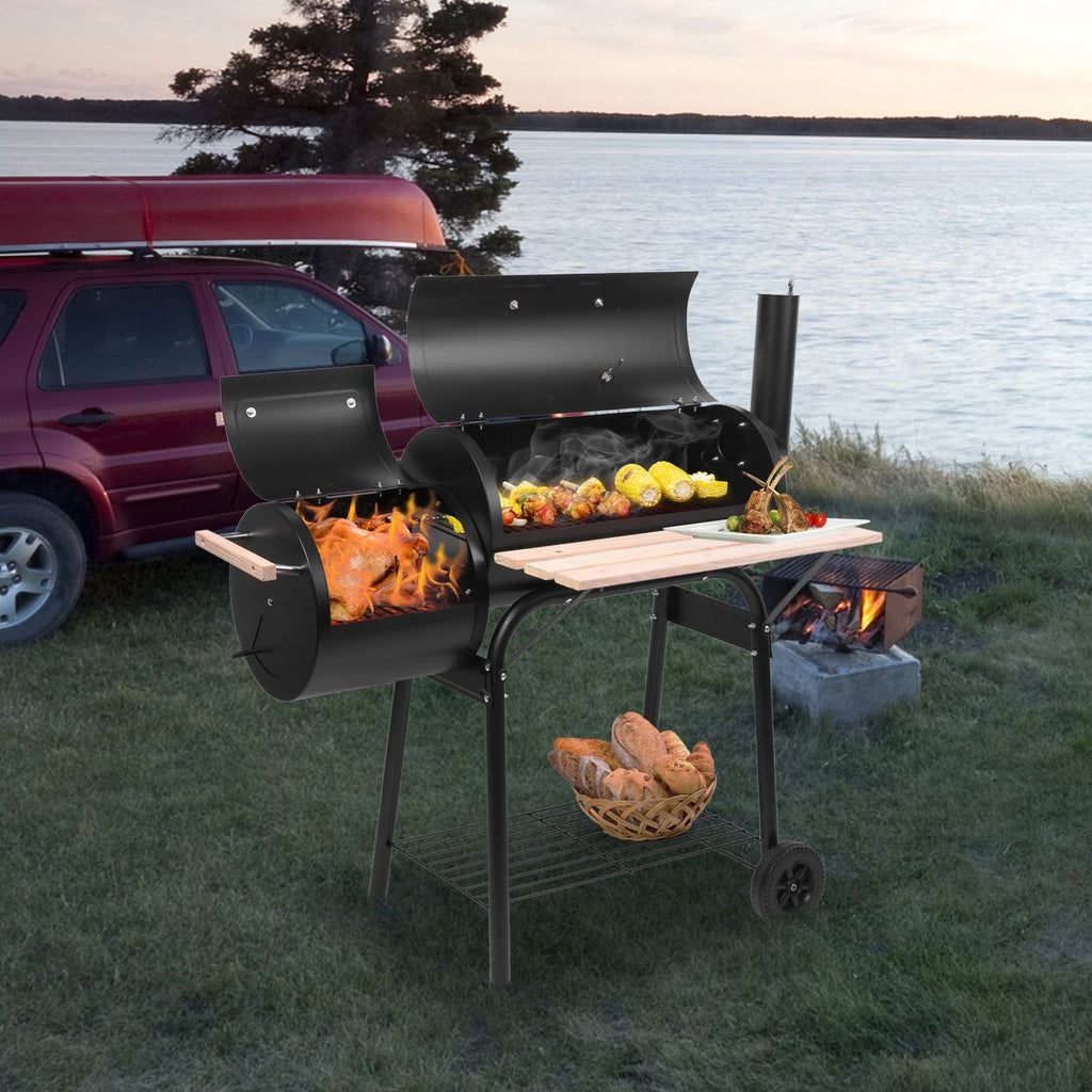 44*25*44in Heavy Duty Offset Smoker Grill, Charcoal BBQ Smoker with Side Firebox, Built-in Thermometer, Adjustable Damper, Front Wood Shelf and Wheels for Backyard Outdoor Cooking