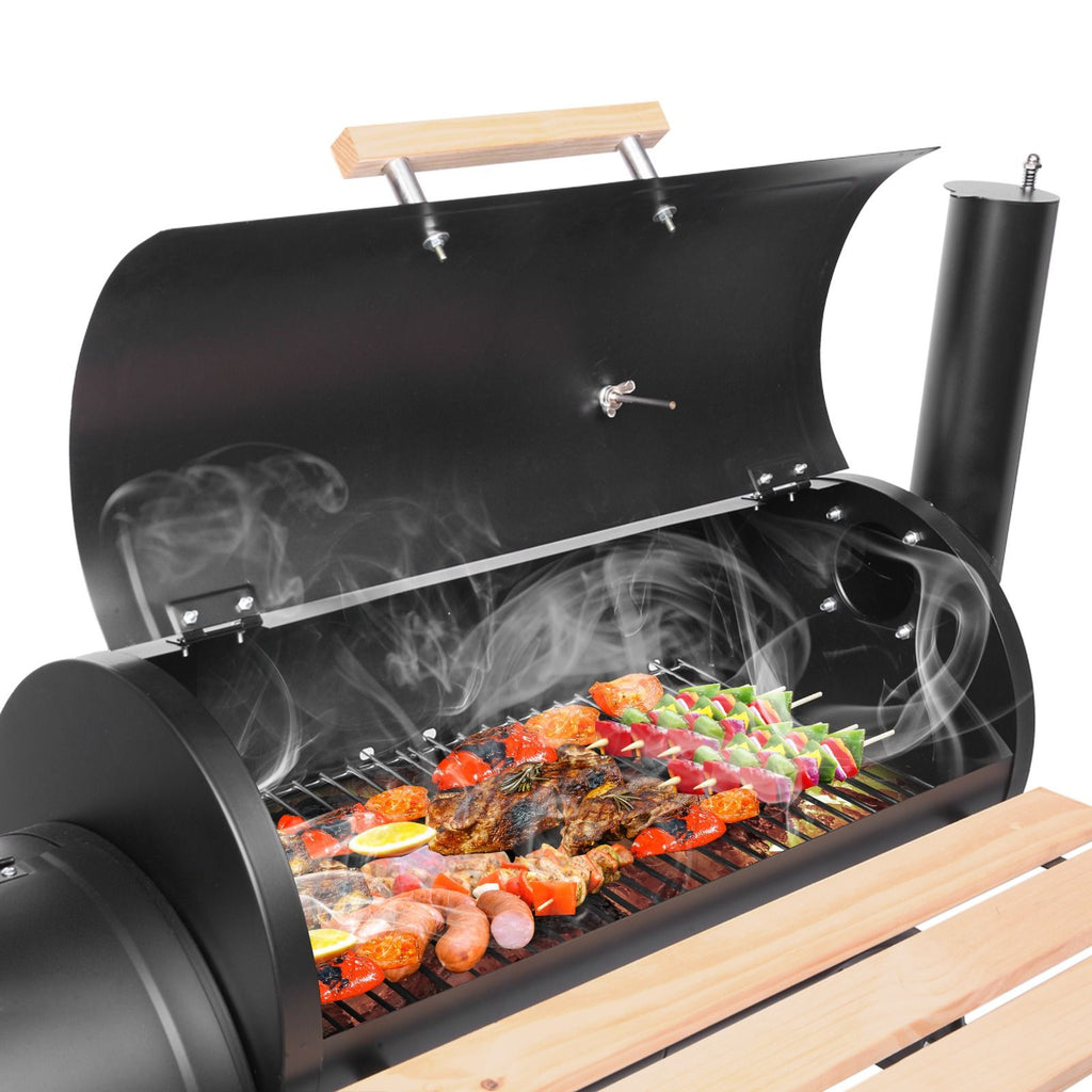 44*25*44in Heavy Duty Offset Smoker Grill, Charcoal BBQ Smoker with Side Firebox, Built-in Thermometer, Adjustable Damper, Front Wood Shelf and Wheels for Backyard Outdoor Cooking