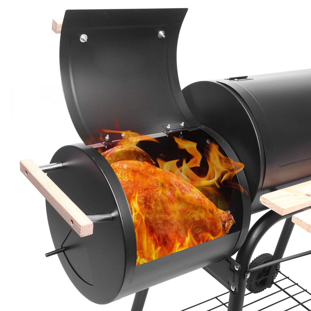 44*25*44in Heavy Duty Offset Smoker Grill, Charcoal BBQ Smoker with Side Firebox, Built-in Thermometer, Adjustable Damper, Front Wood Shelf and Wheels for Backyard Outdoor Cooking