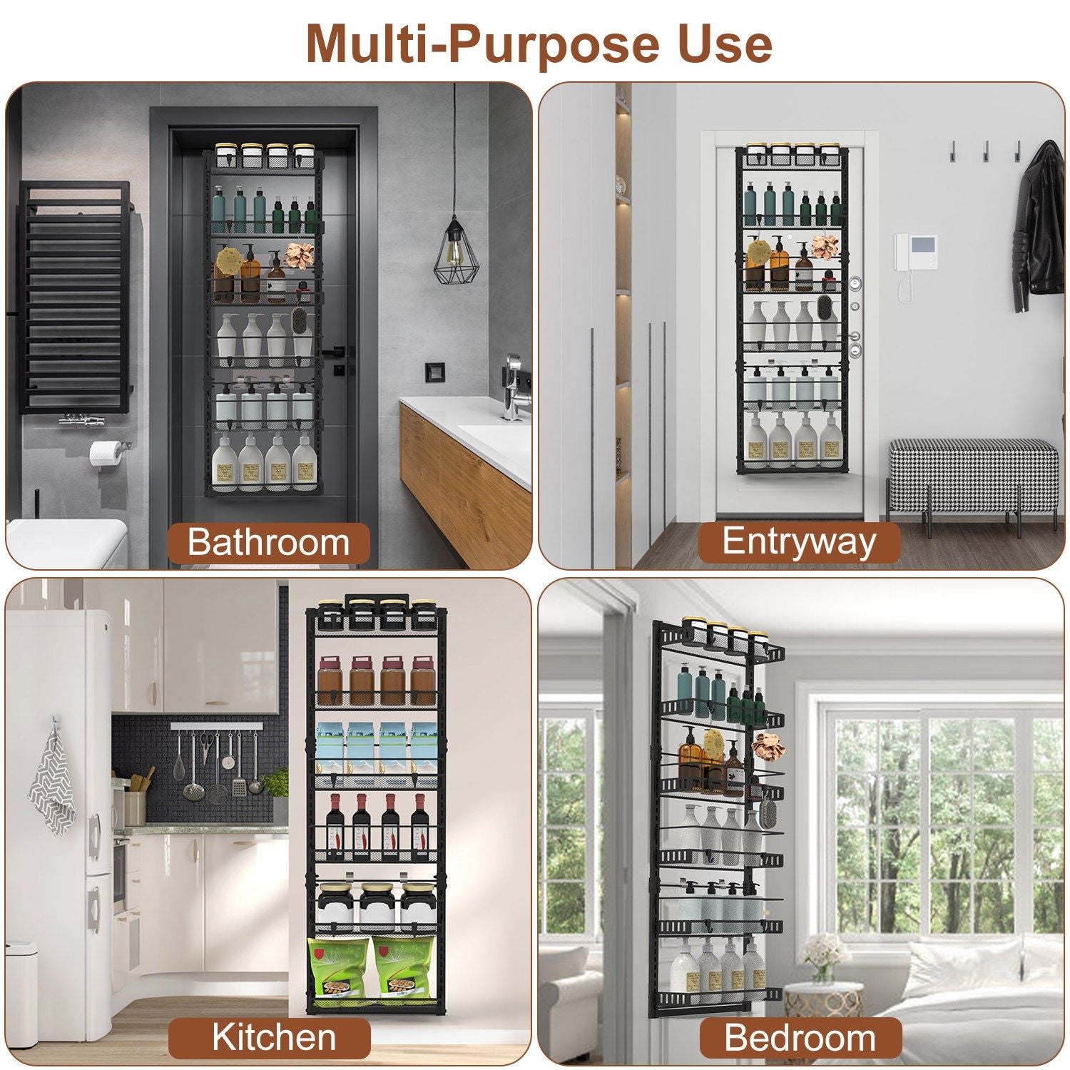 10LBS Loading 6-Tier Over the Door Pantry Organizer, Large Metal Door Spice Rack, Hanging Heavy-Duty Pantry Door Storage Shelf Easy Install Behind Door Storagefor Kitchen and Bathroom, Black