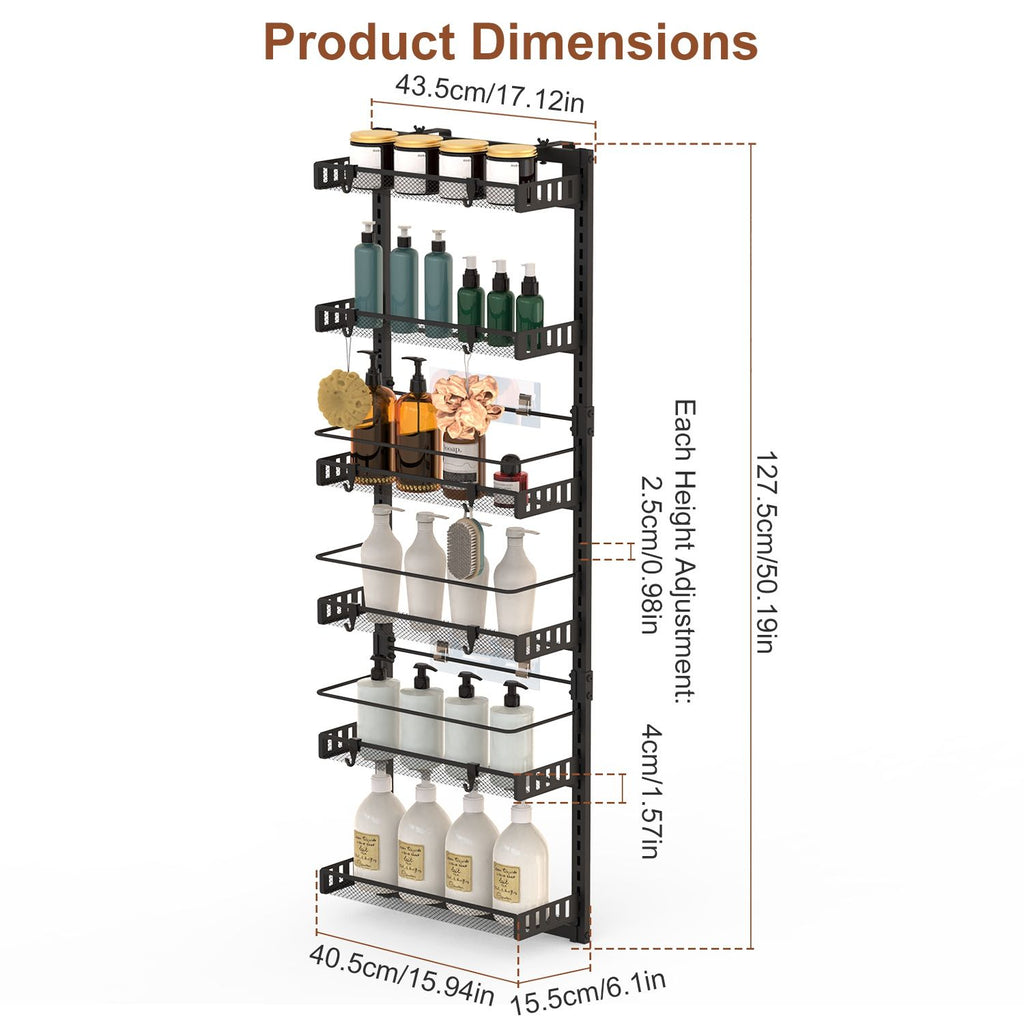 10LBS Loading 6-Tier Over the Door Pantry Organizer, Large Metal Door Spice Rack, Hanging Heavy-Duty Pantry Door Storage Shelf Easy Install Behind Door Storagefor Kitchen and Bathroom, Black