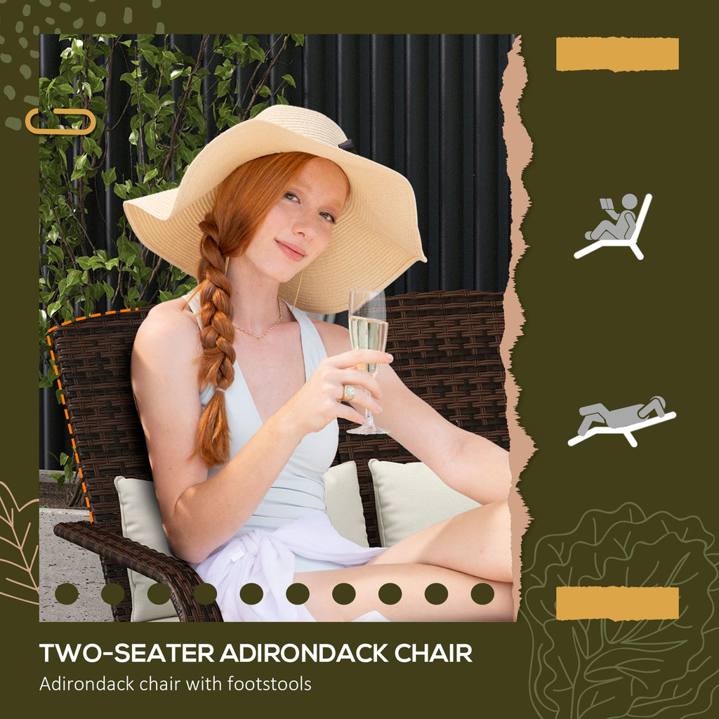 2 Person Patio Wicker Adirondack Chair, High-Back Fire Pit Chair with Cushions, Cream White