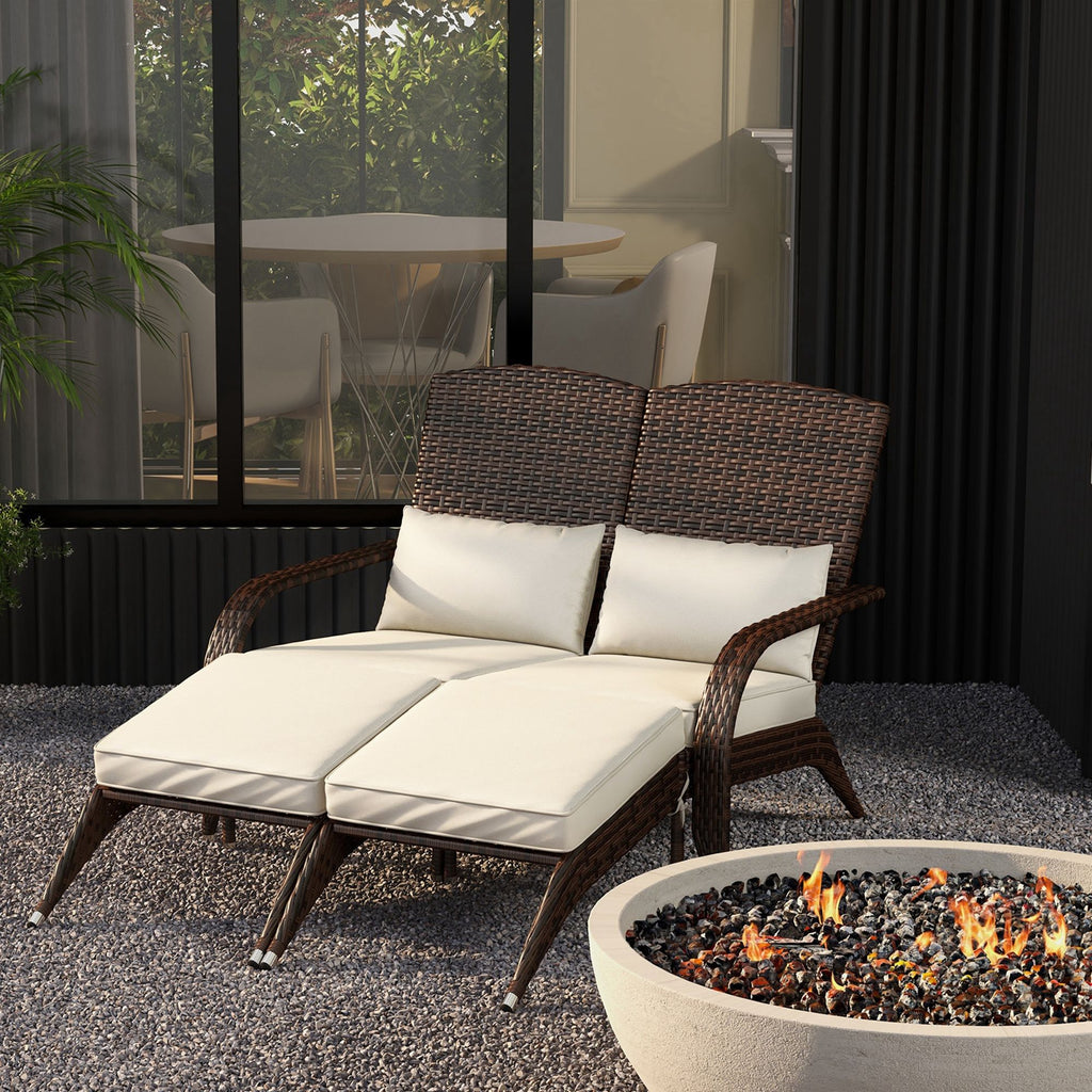 2 Person Patio Wicker Adirondack Chair, High-Back Fire Pit Chair with Cushions, Cream White