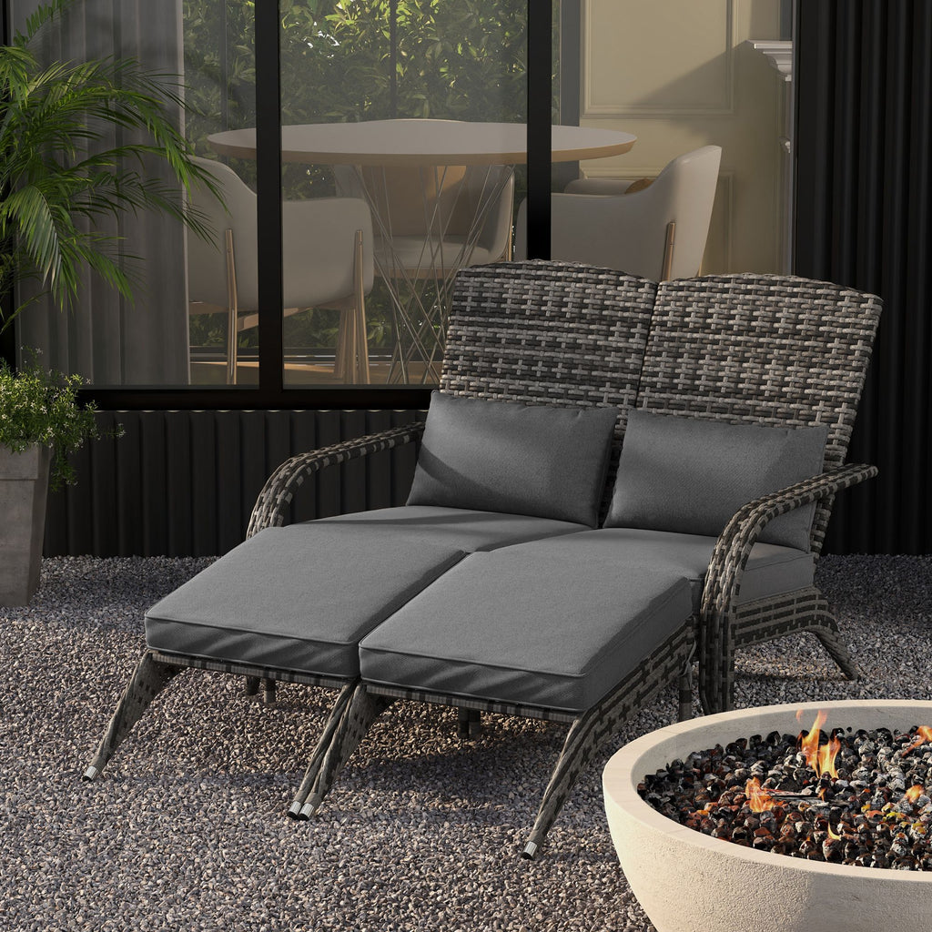 Wicker Adirondack Chair for 2 with Cushions & Footrests, PE Rattan Double Chaise Lounge Chair, Fire Pit Chair for Porch with High-back, Wide Armrests, Mixed Gray