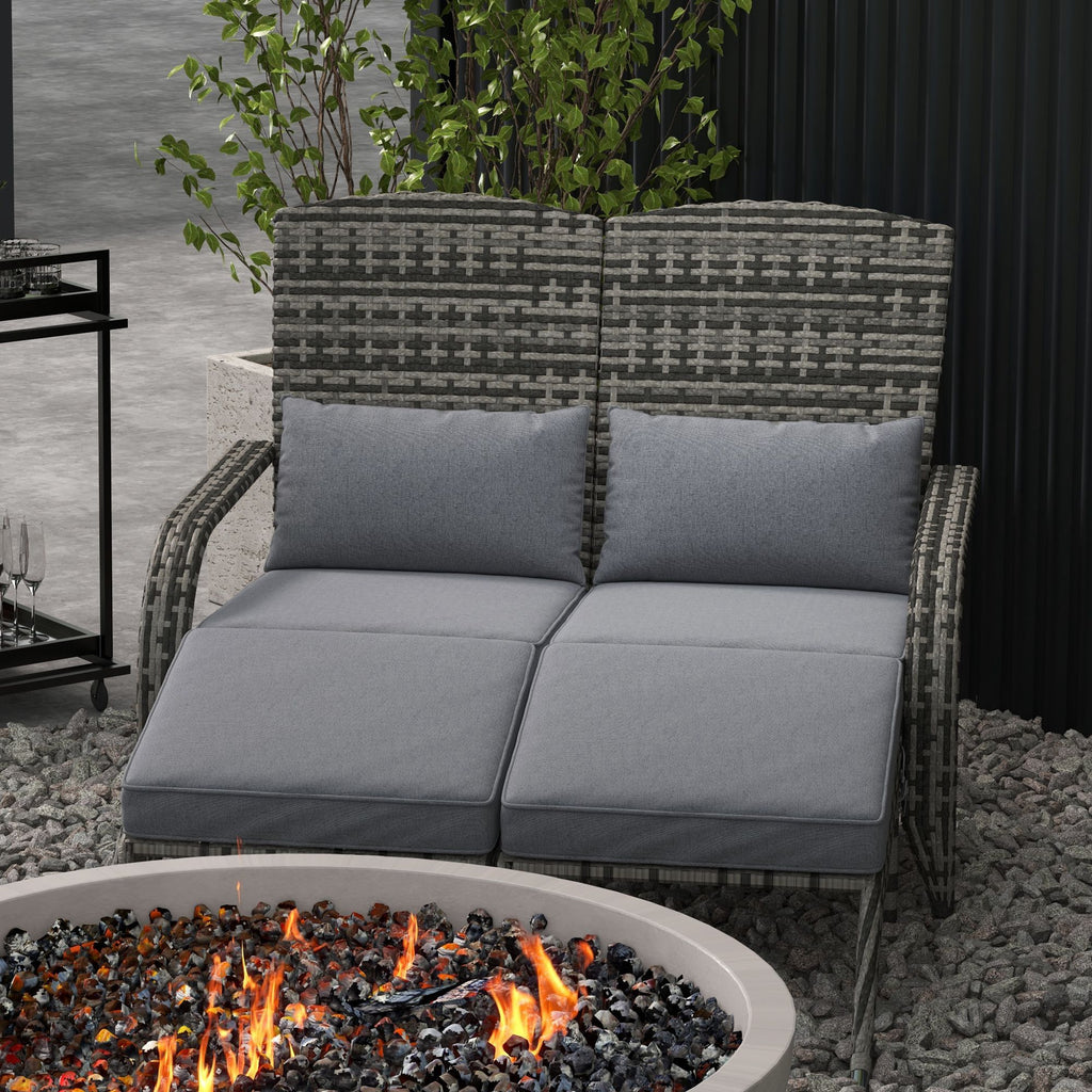 Wicker Adirondack Chair for 2 with Cushions & Footrests, PE Rattan Double Chaise Lounge Chair, Fire Pit Chair for Porch with High-back, Wide Armrests, Mixed Gray