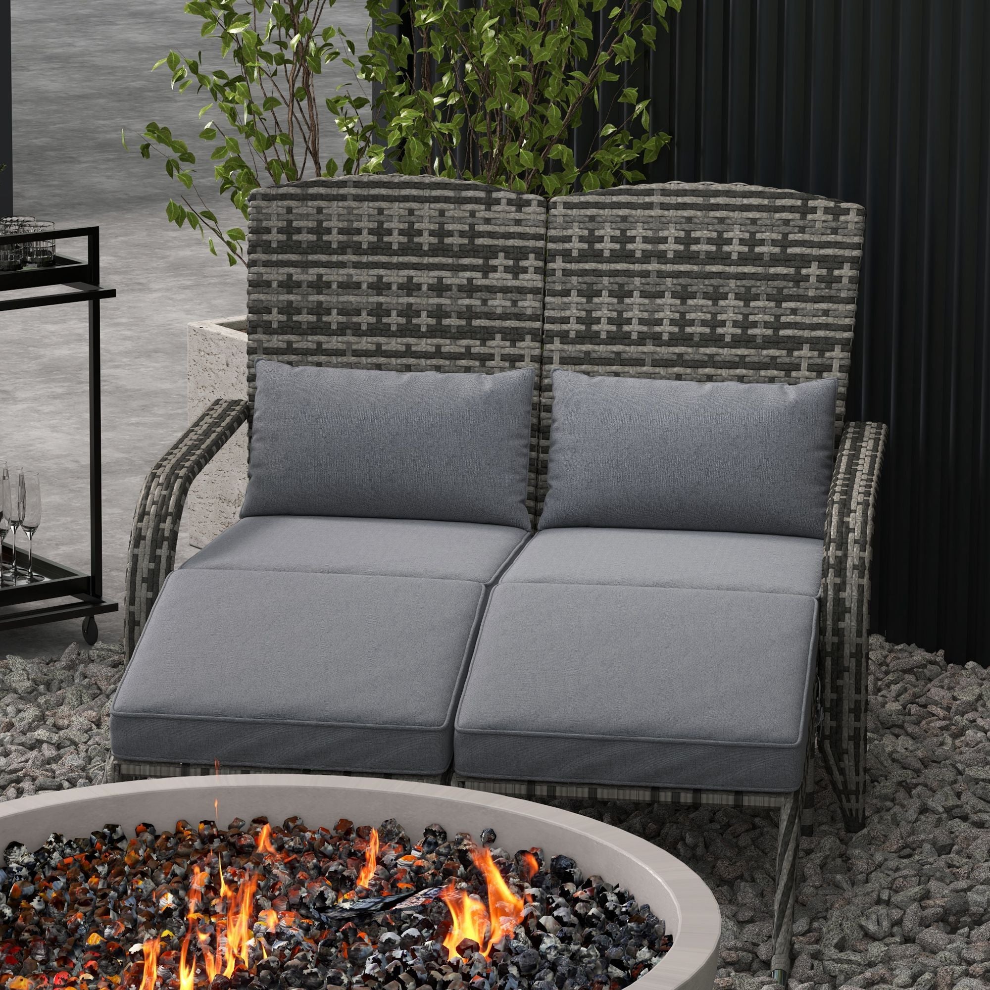 Wicker Adirondack Chair for 2 with Cushions & Footrests, PE Rattan Double Chaise Lounge Chair, Fire Pit Chair for Porch with High-back, Wide Armrests, Mixed Gray
