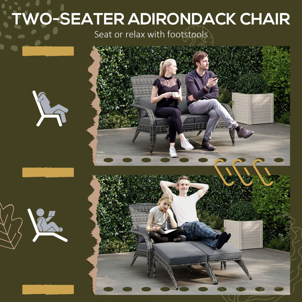 Wicker Adirondack Chair for 2 with Cushions & Footrests, PE Rattan Double Chaise Lounge Chair, Fire Pit Chair for Porch with High-back, Wide Armrests, Mixed Gray