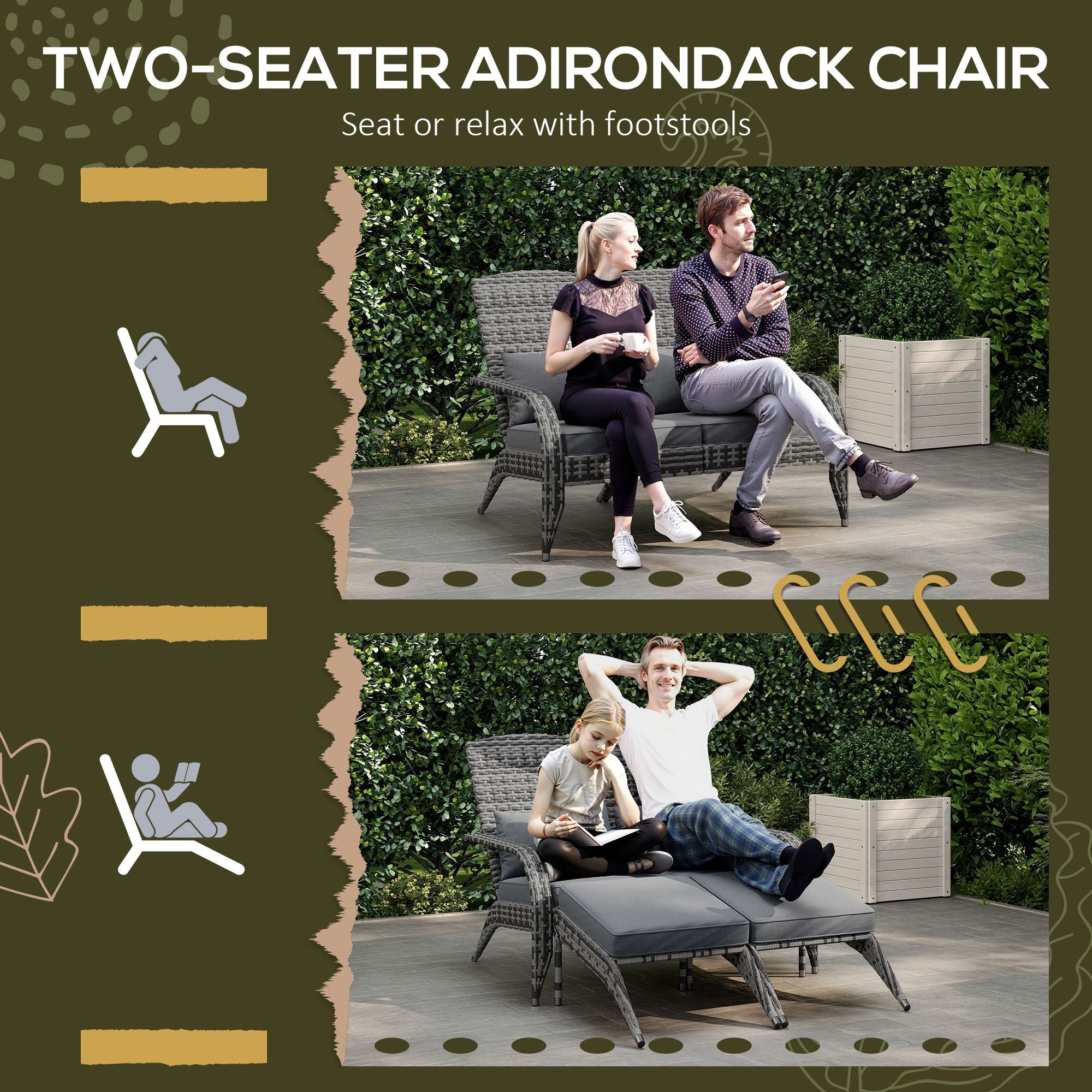 Wicker Adirondack Chair for 2 with Cushions & Footrests, PE Rattan Double Chaise Lounge Chair, Fire Pit Chair for Porch with High-back, Wide Armrests, Mixed Gray