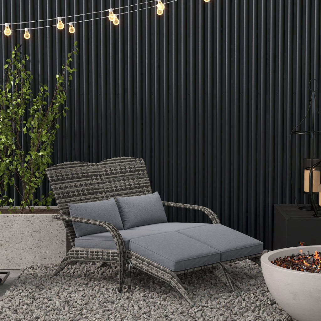Wicker Adirondack Chair for 2 with Cushions & Footrests, PE Rattan Double Chaise Lounge Chair, Fire Pit Chair for Porch with High-back, Wide Armrests, Mixed Gray