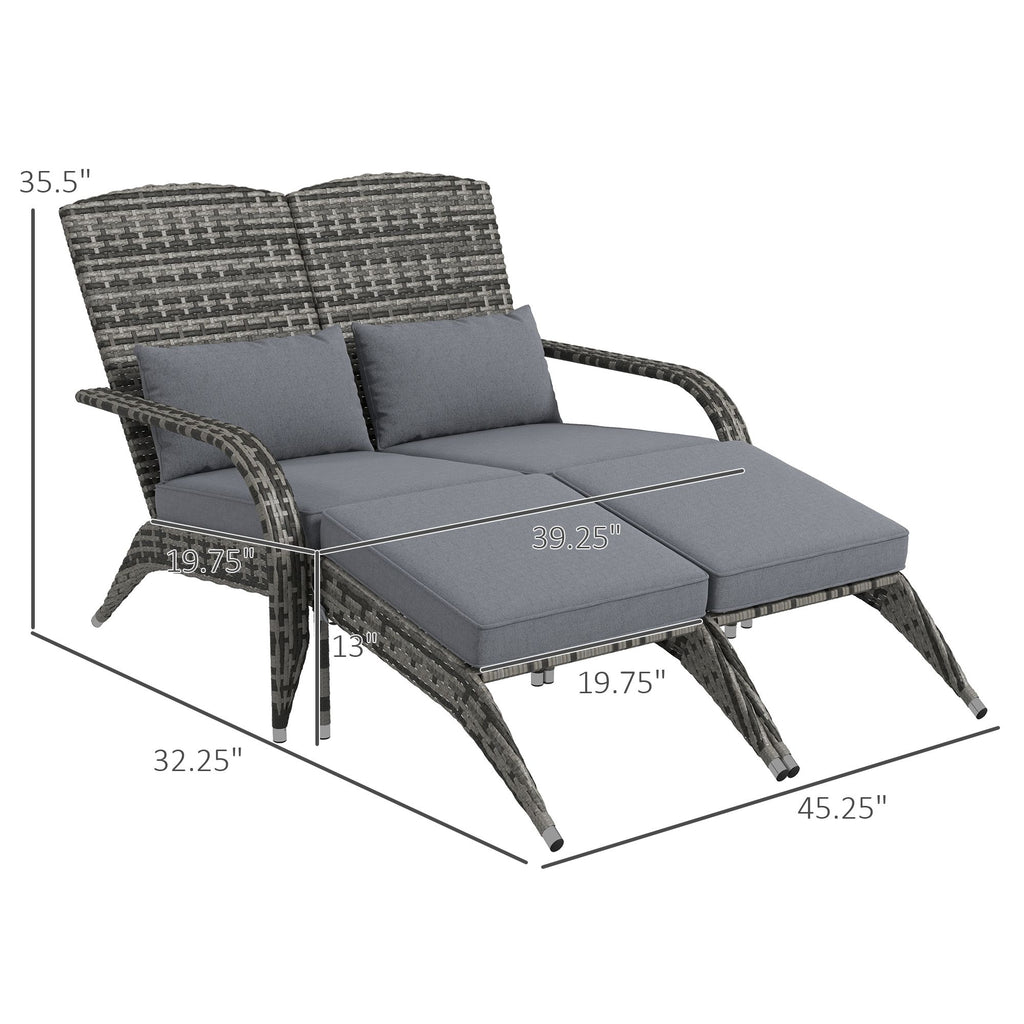 Wicker Adirondack Chair for 2 with Cushions & Footrests, PE Rattan Double Chaise Lounge Chair, Fire Pit Chair for Porch with High-back, Wide Armrests, Mixed Gray