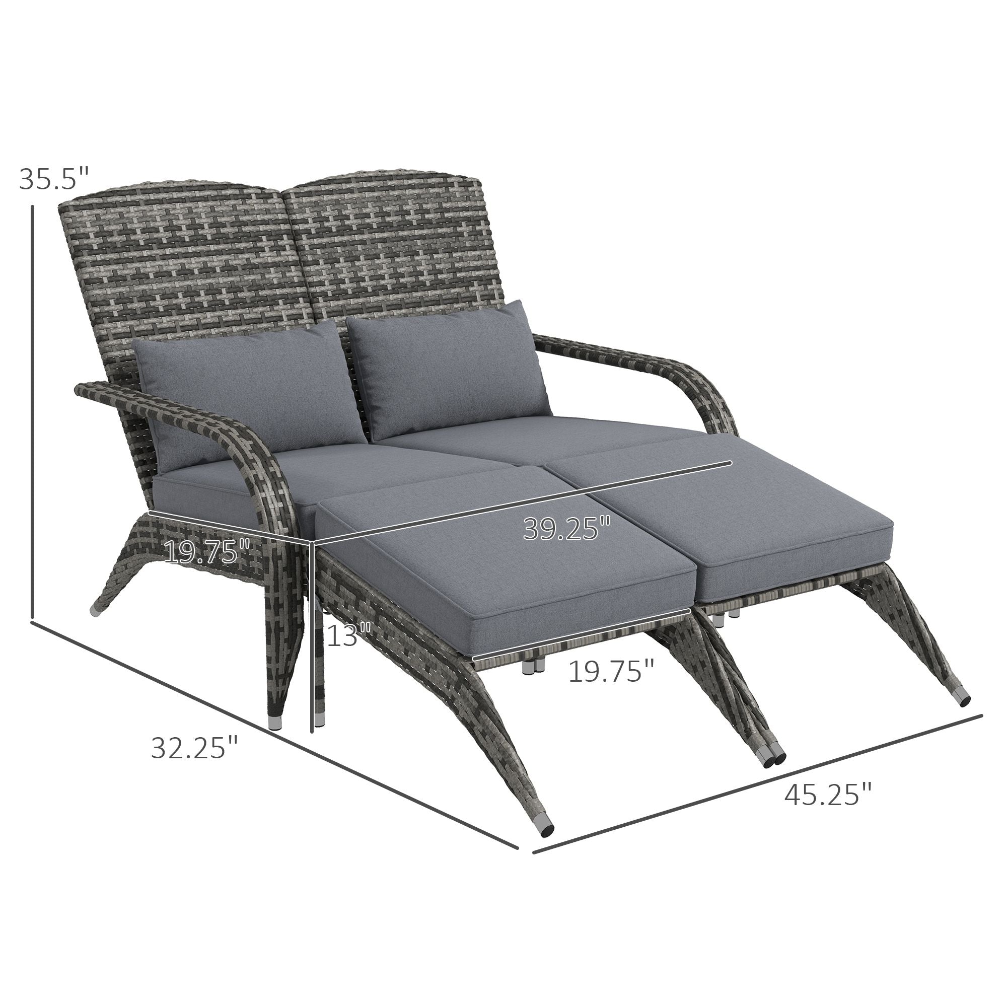 Wicker Adirondack Chair for 2 with Cushions & Footrests, PE Rattan Double Chaise Lounge Chair, Fire Pit Chair for Porch with High-back, Wide Armrests, Mixed Gray